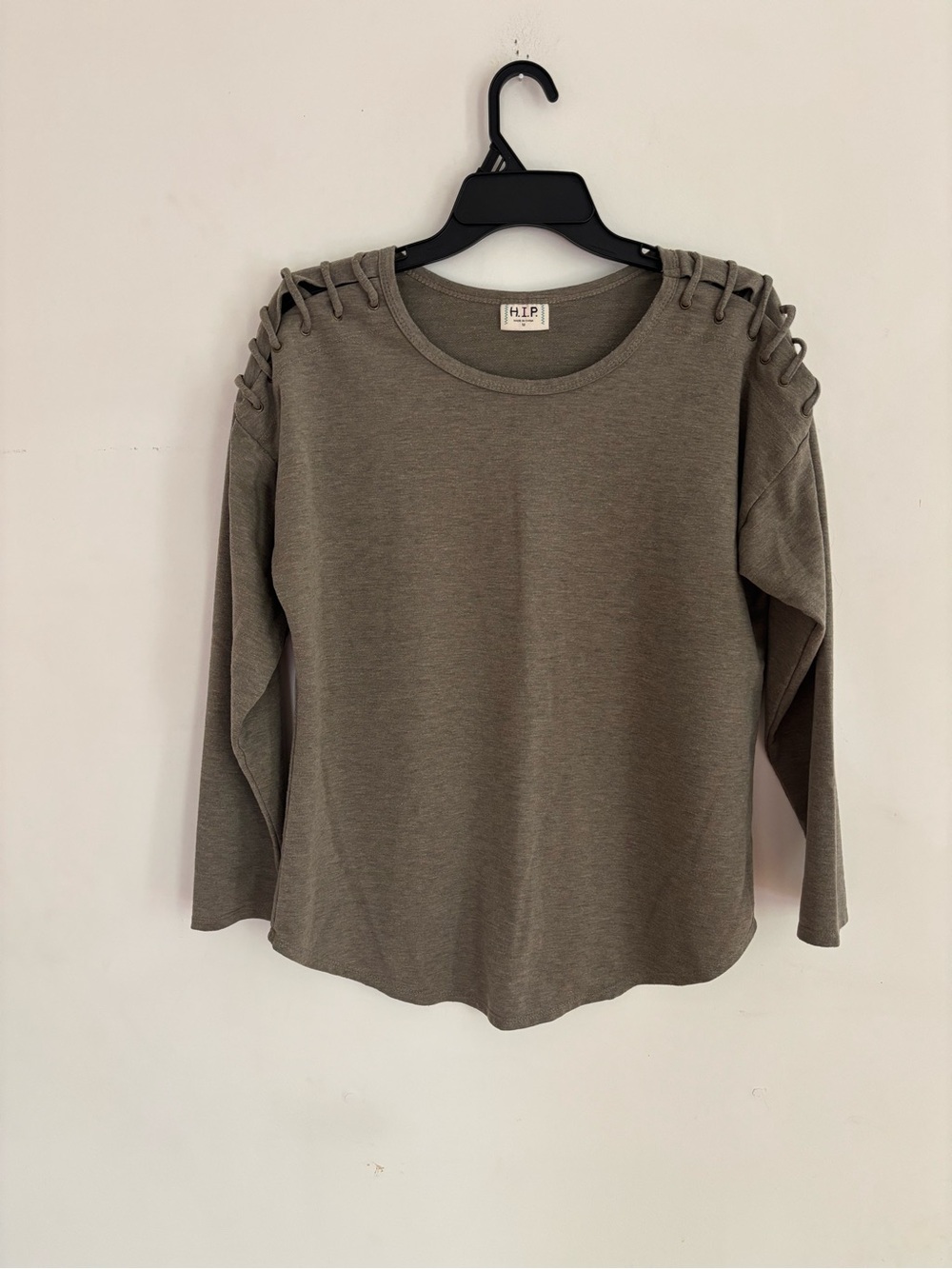 H.I.P Gray Lace Up Shoulder Long Sleeve Top M